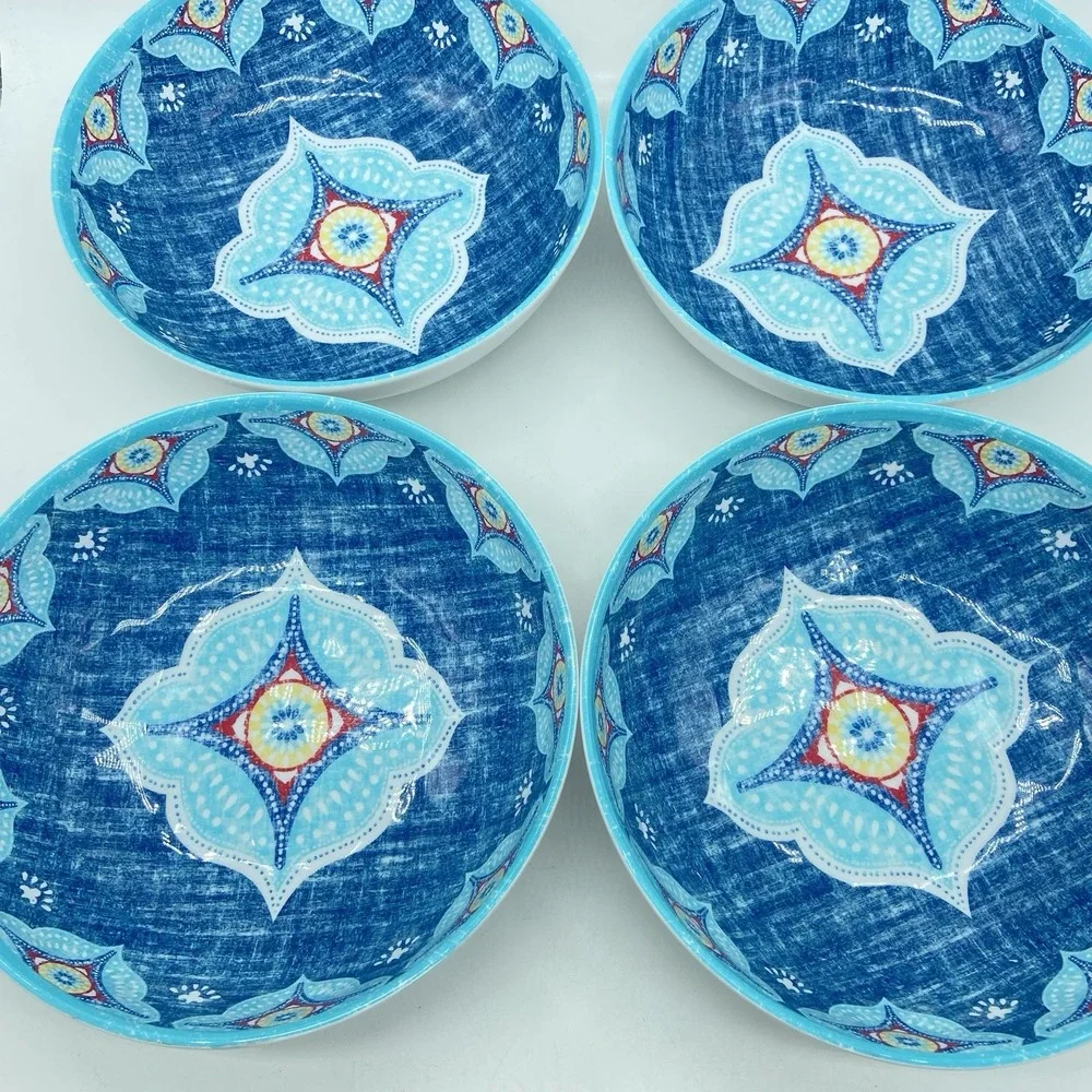 Set Of 4 Better Homes & Gardens Melamine Cereal Bowl Set Geometric Turquoise